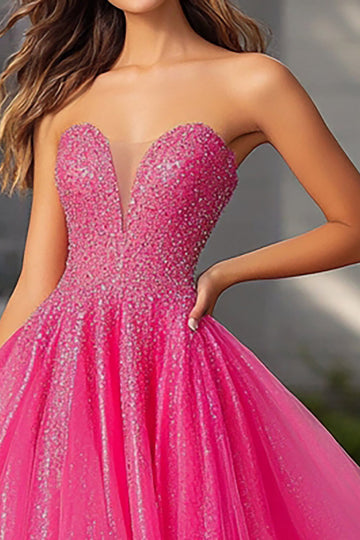 Robe de bal longue à sequins sans bretelles fuchsia fuchsia scintillante avec fente